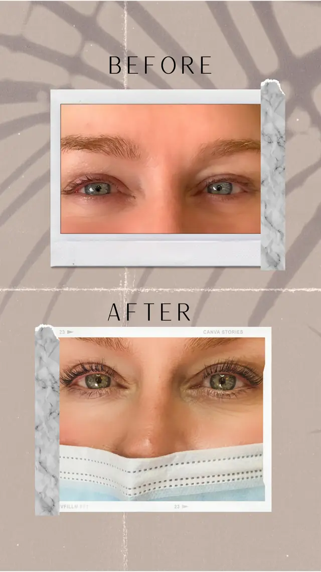 Before and after collage of a lash lift, the lashes straight on one side and curled on the other